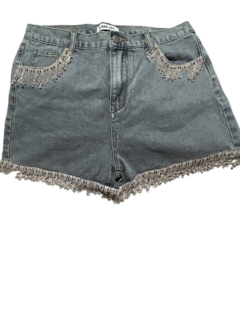 Lane 201 Large EUC Embellished Denim Shorts with Embroidered Rhinestone Fringe